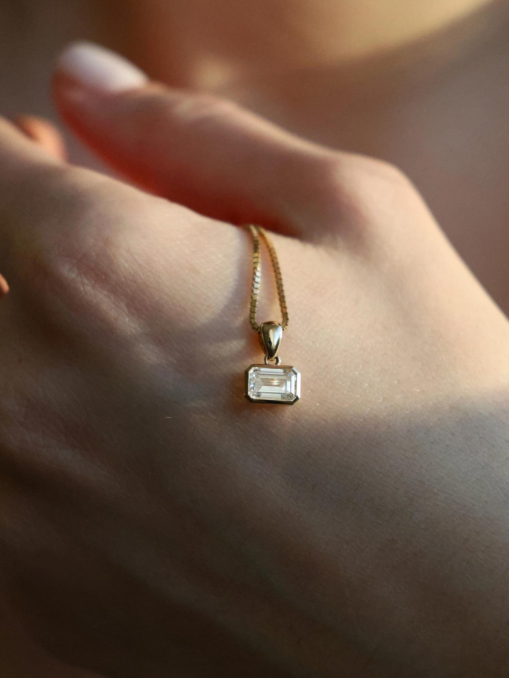 Horizontal Emerald Diamond Necklace | East-West Bezel Set Pendant Necklace