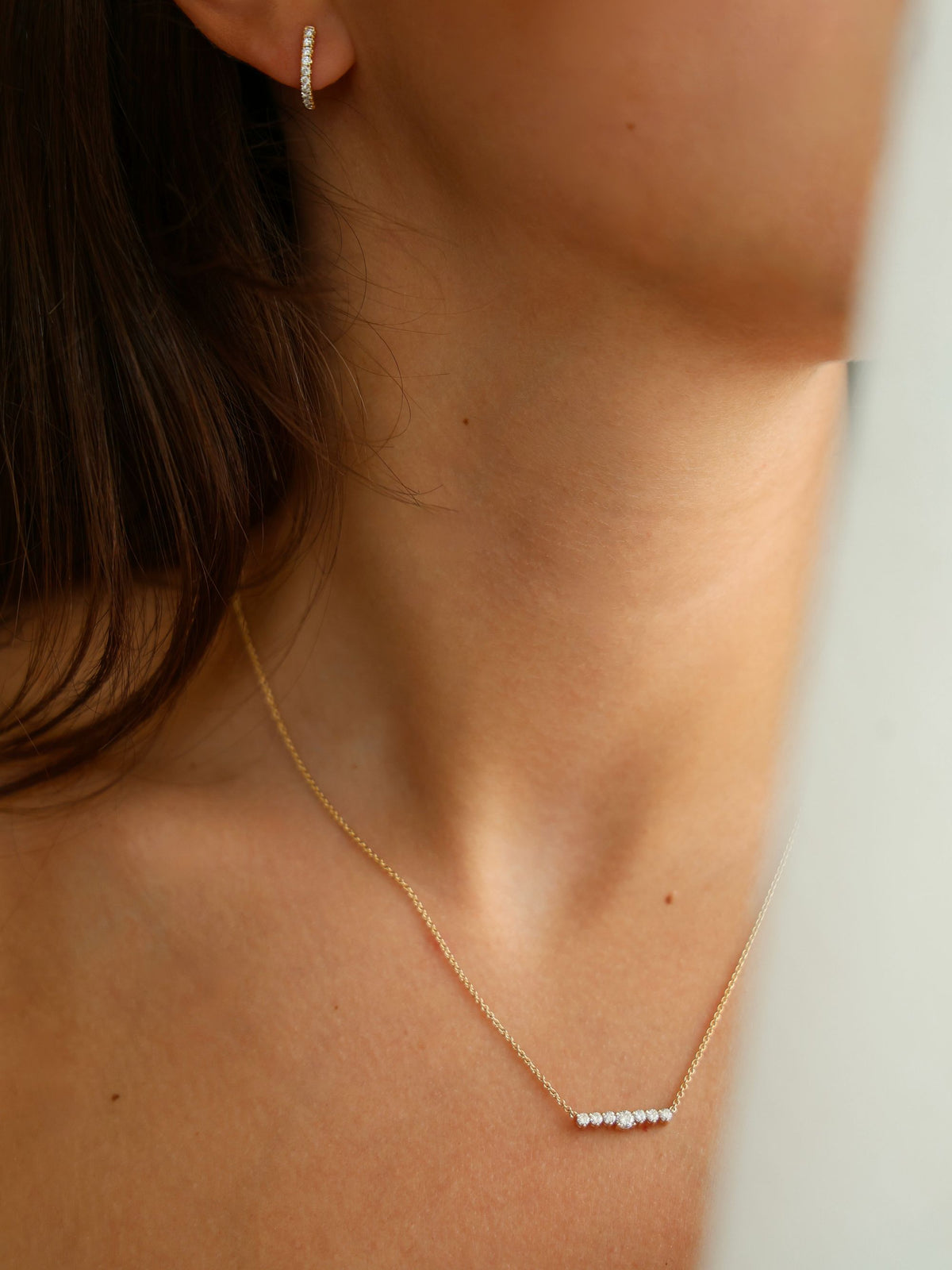 Round Diamond Bar Necklace | | Curved Diamond Smile Pendent | Wedding Jewelry