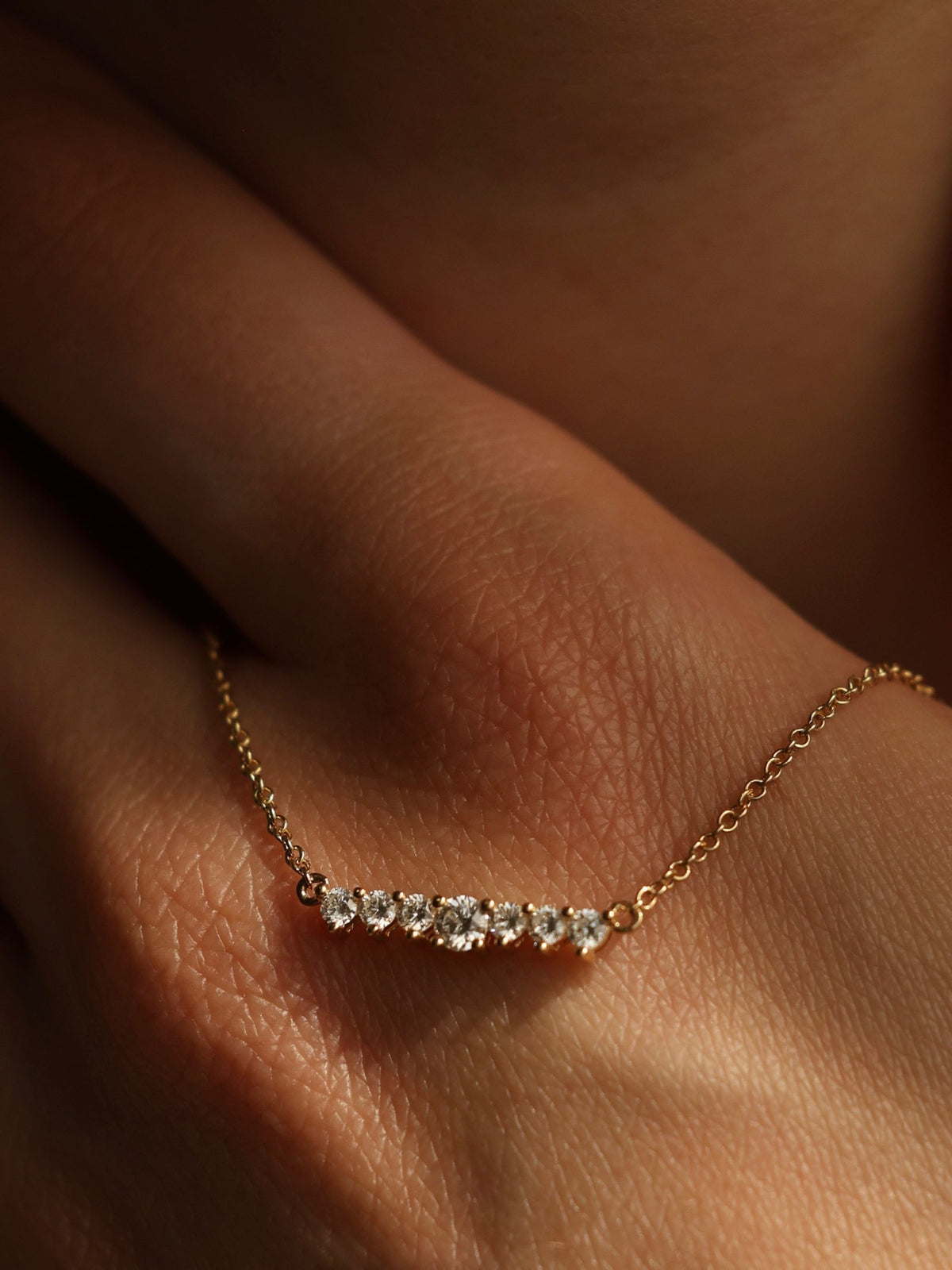 Round Diamond Bar Necklace | | Curved Diamond Smile Pendent | Wedding Jewelry