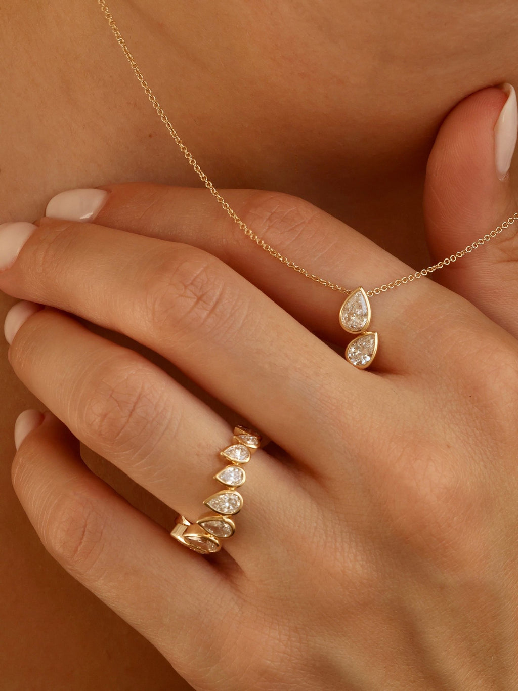 Two-Stone Pear Drop Diamond Necklace | 18K Bezel pendent Necklace | Anniversary Gift