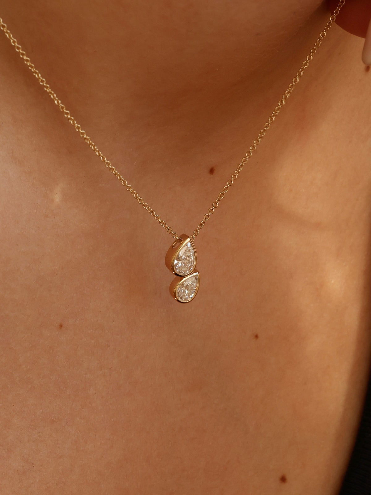 Two-Stone Pear Drop Diamond Necklace | 18K Bezel pendent Necklace | Anniversary Gift