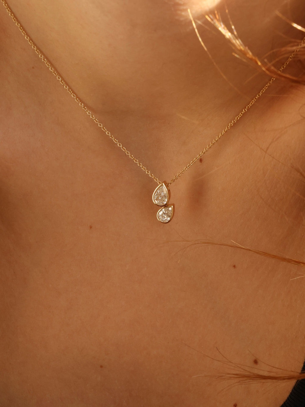 Two-Stone Pear Drop Diamond Necklace | 18K Bezel pendent Necklace | Anniversary Gift