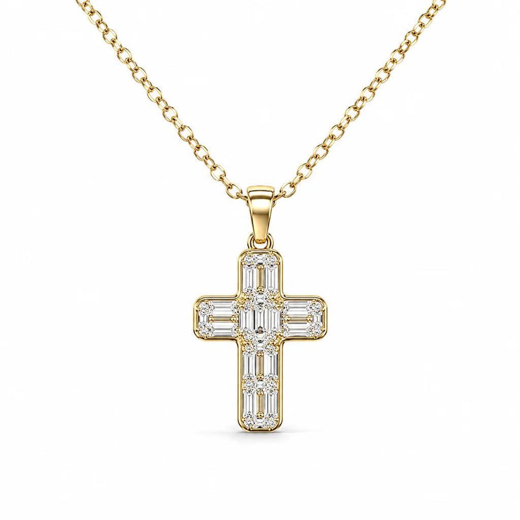Baguette and Round Diamond Cross Pendant Necklace | Classic Religious Cross Pendant |  Birthday Gift
