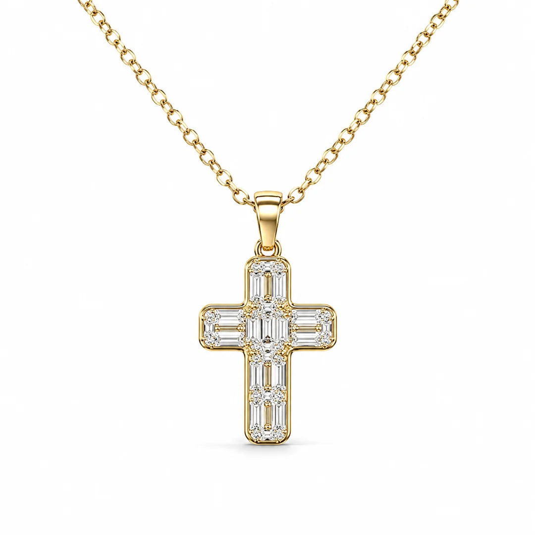 Baguette and Round Diamond Cross Pendant Necklace | Classic Religious Cross Pendant |  Birthday Gift