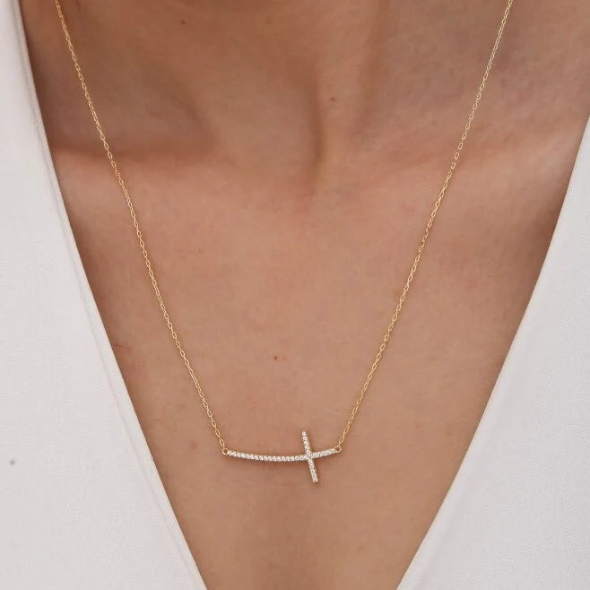 Curved Sideways Horizontal Cross Diamond Necklace Necklace |  Anniversary Gift