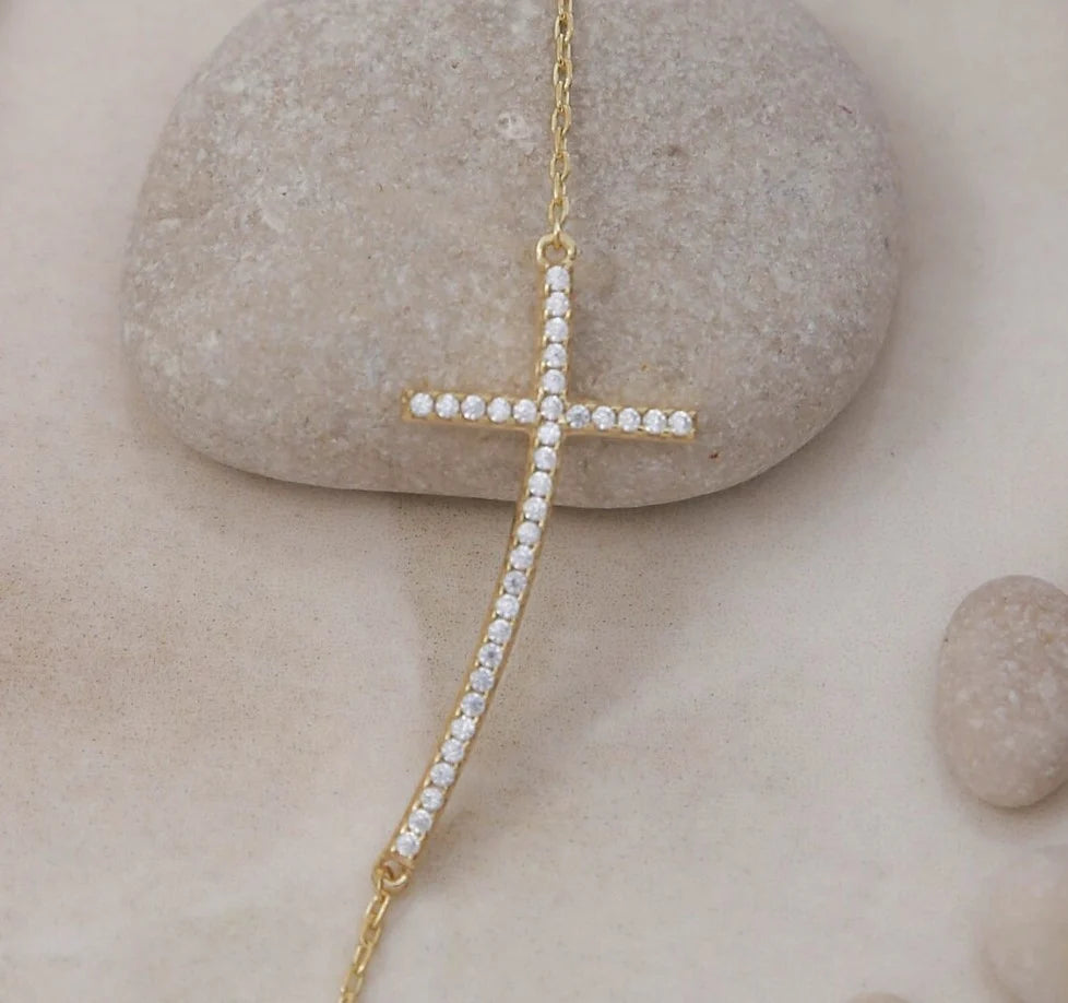 Curved Sideways Horizontal Cross Diamond Necklace Necklace |  Anniversary Gift