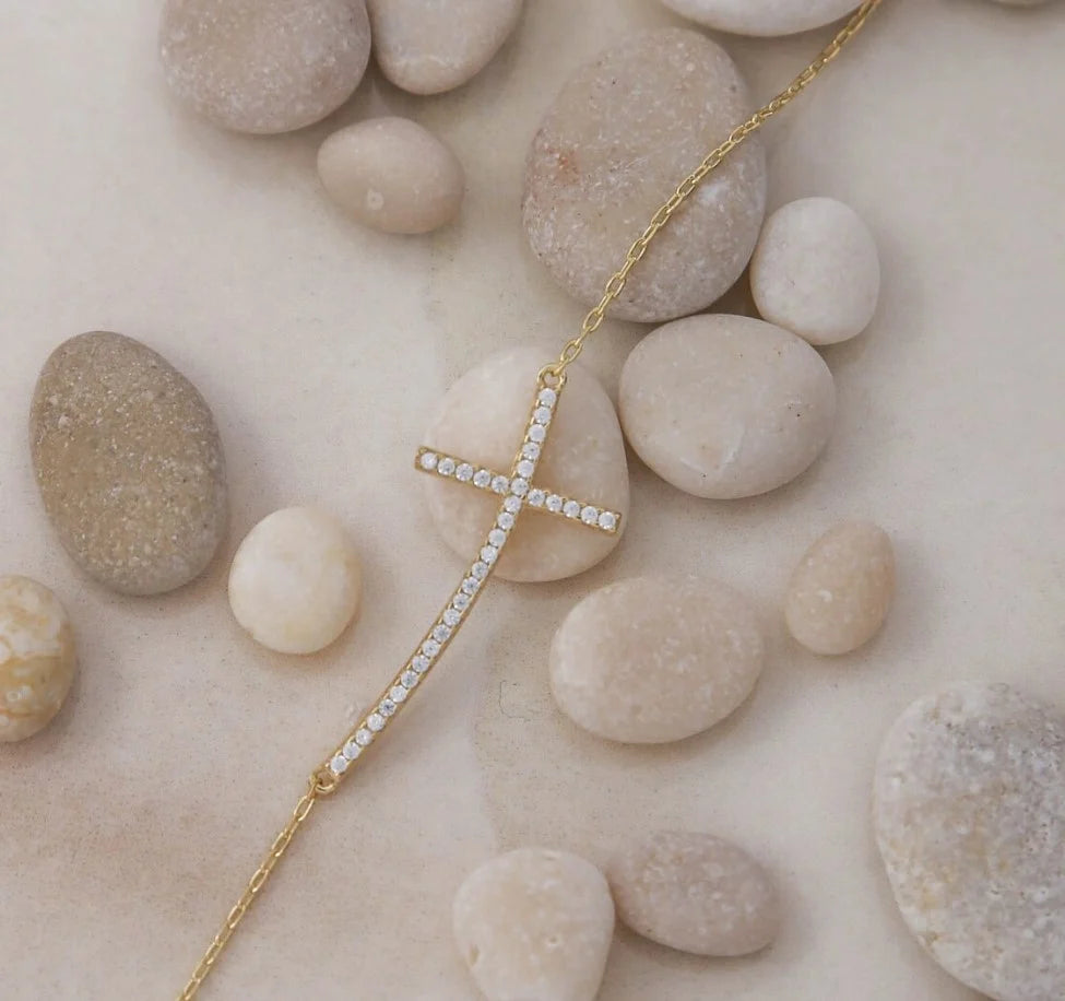 Curved Sideways Horizontal Cross Diamond Necklace Necklace |  Anniversary Gift