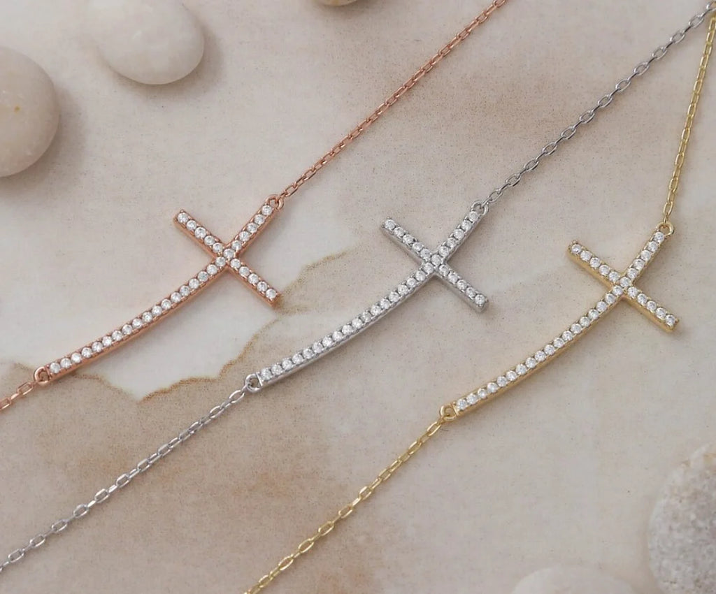 Curved Sideways Horizontal Cross Diamond Necklace Necklace |  Anniversary Gift