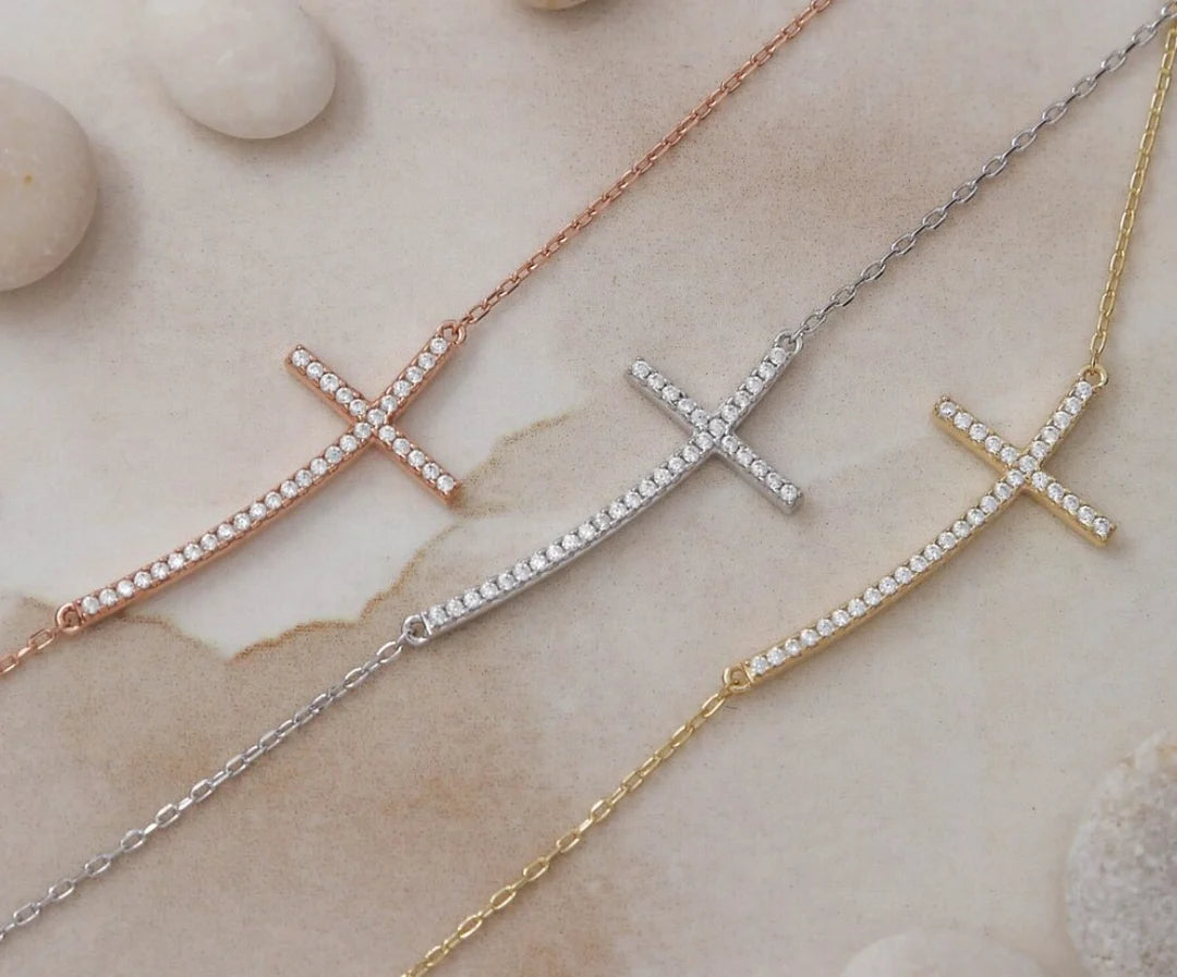Curved Sideways Horizontal Cross Diamond Necklace Necklace |  Anniversary Gift