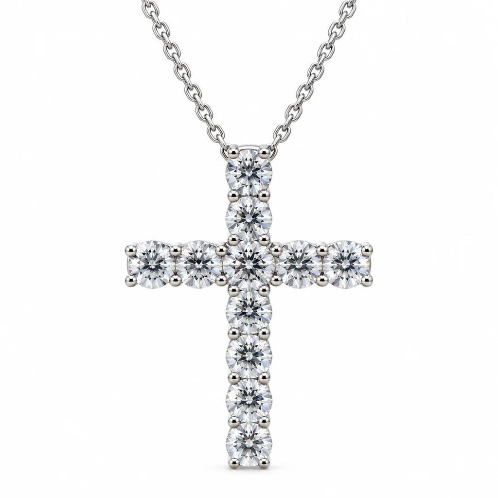 Round Diamond Shared-Prong Cross Pendant Necklace | Classic Solitaire Diamond Cross Pendent