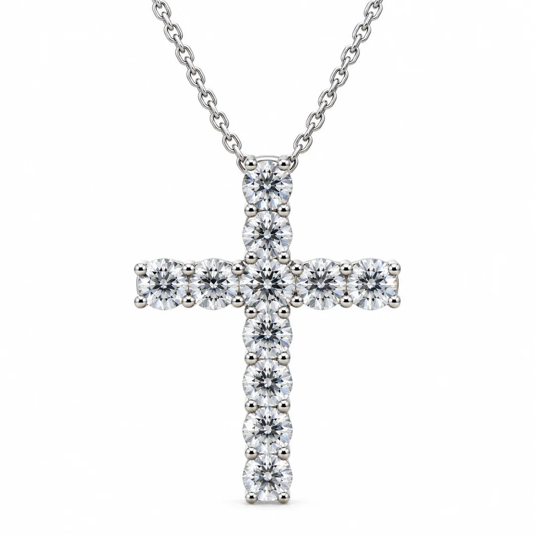 Round Diamond Shared-Prong Cross Pendant Necklace | Classic Solitaire Diamond Cross Pendent