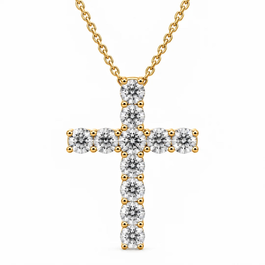 Round Diamond Shared-Prong Cross Pendant Necklace | Classic Solitaire Diamond Cross Pendent