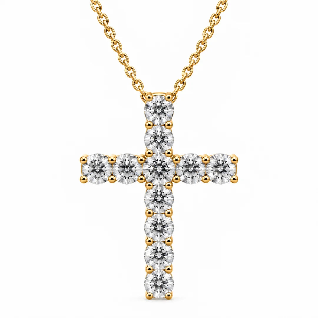Round Diamond Shared-Prong Cross Pendant Necklace | Classic Solitaire Diamond Cross Pendent