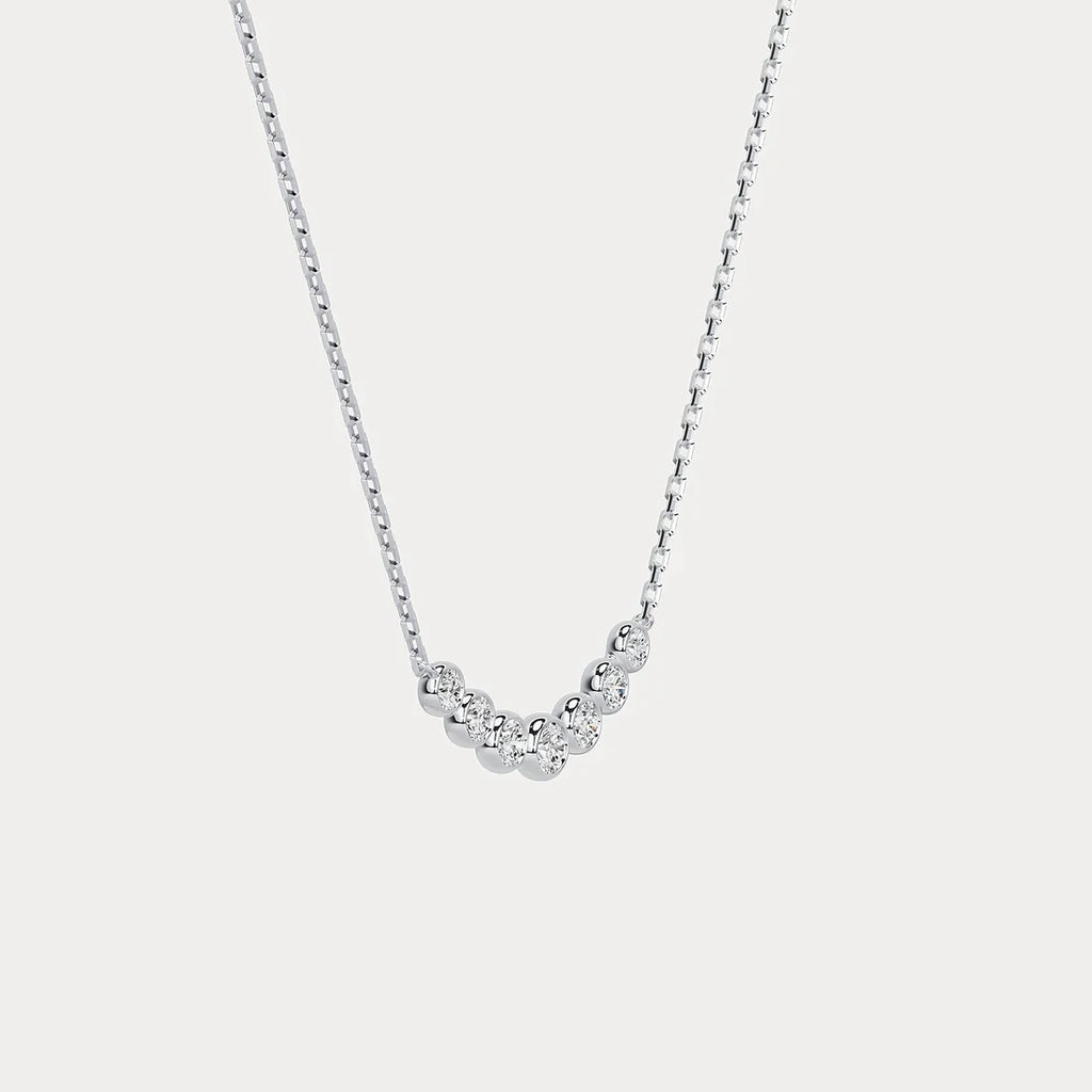14k yellow Gold Round Diamond Bezel Curved Bar Station Necklace | 14k Yellow Gold Wedding Necklace