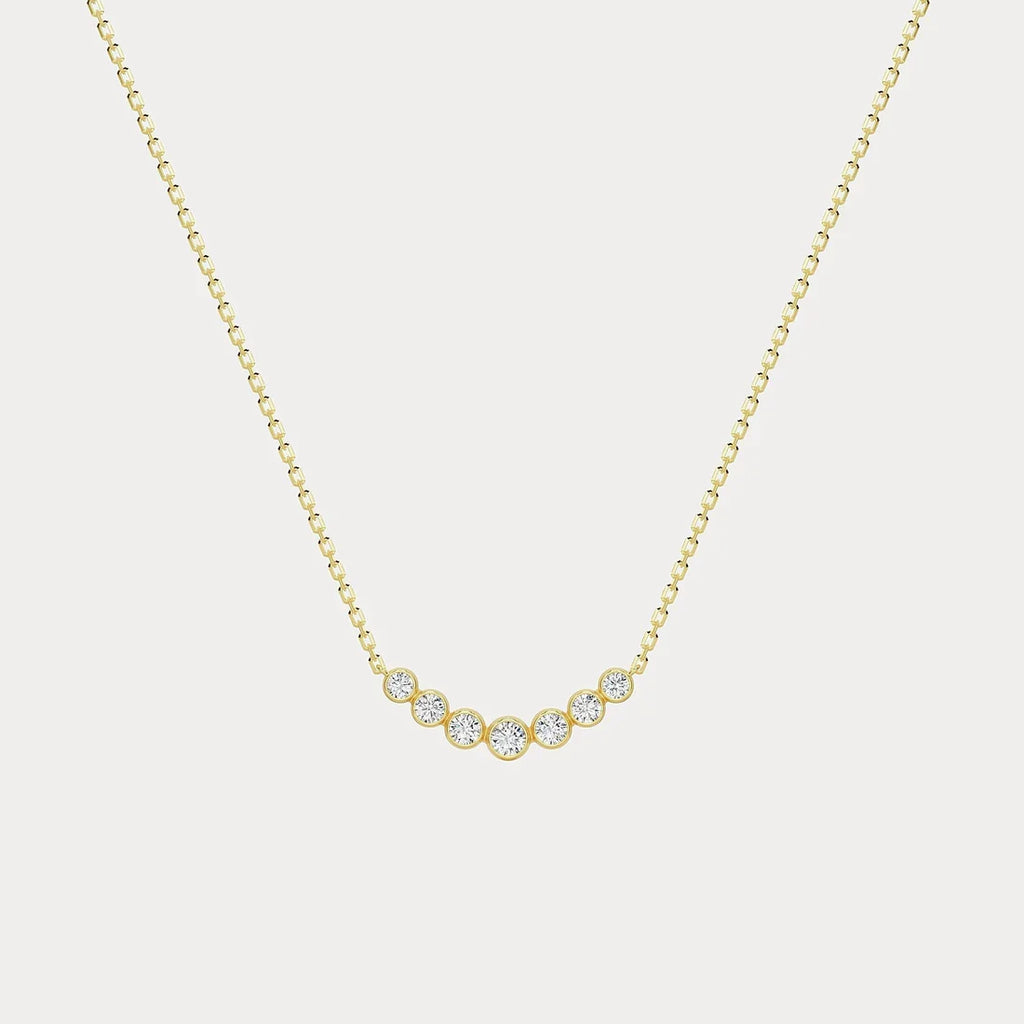 14k yellow Gold Round Diamond Bezel Curved Bar Station Necklace | 14k Yellow Gold Wedding Necklace