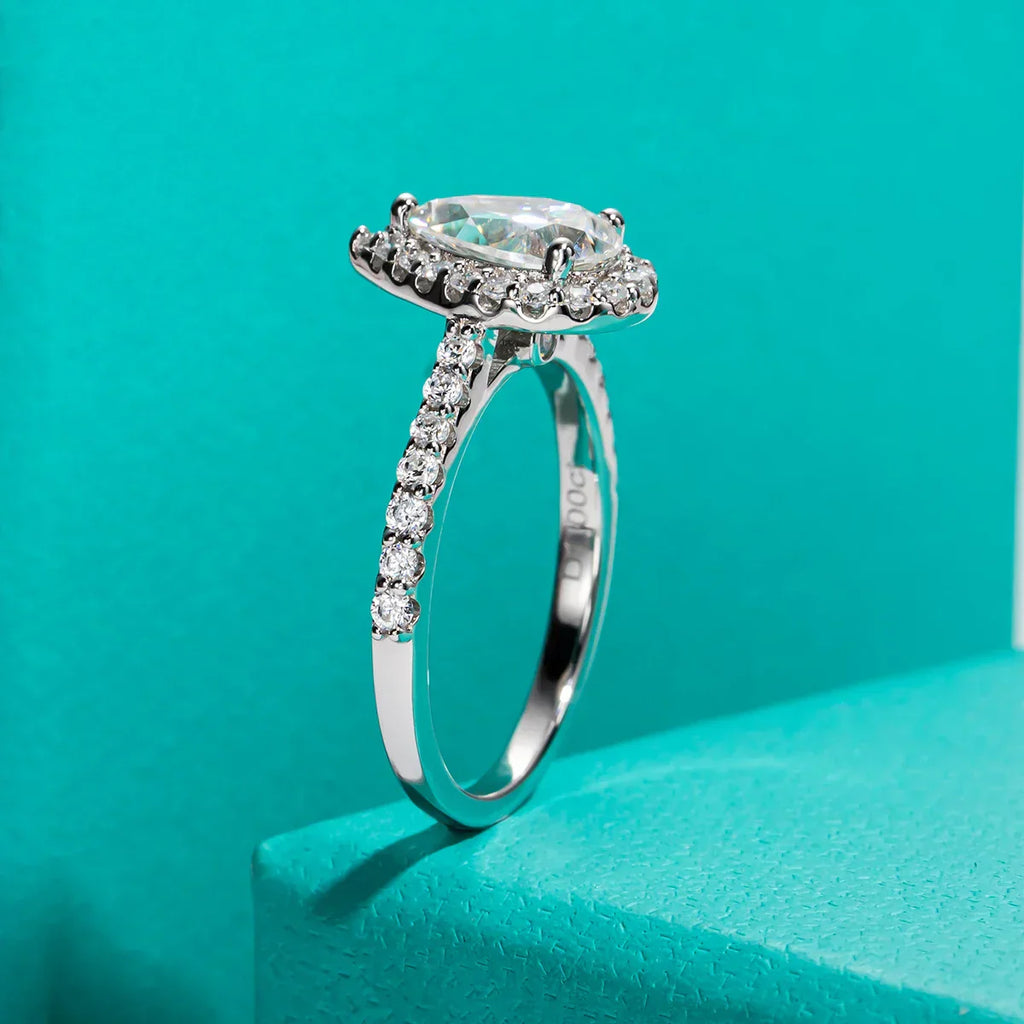 1CT Pear Cut Moissanite Halo Engagement Wedding Ring