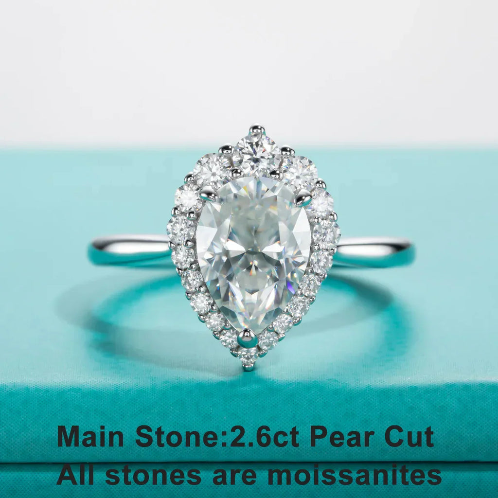 2.6CT Pear Cut D Color Moissanite Halo Engagement Ring