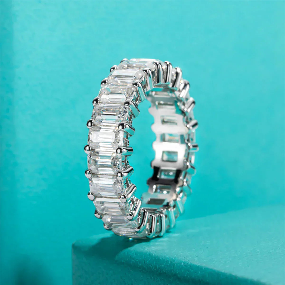 8.1cttw Emerald Moissanite Eternity Ring