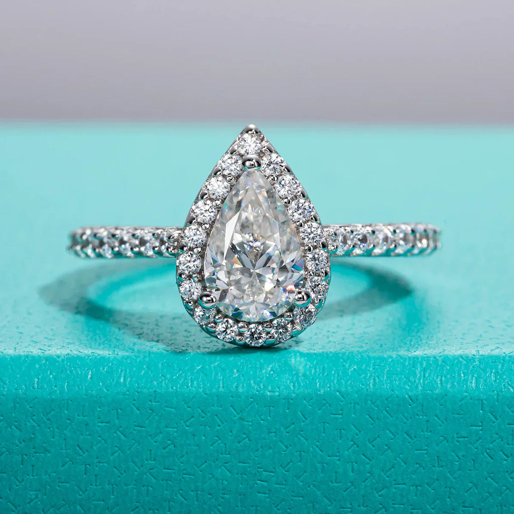 1CT Pear Cut Moissanite Halo Engagement Wedding Ring