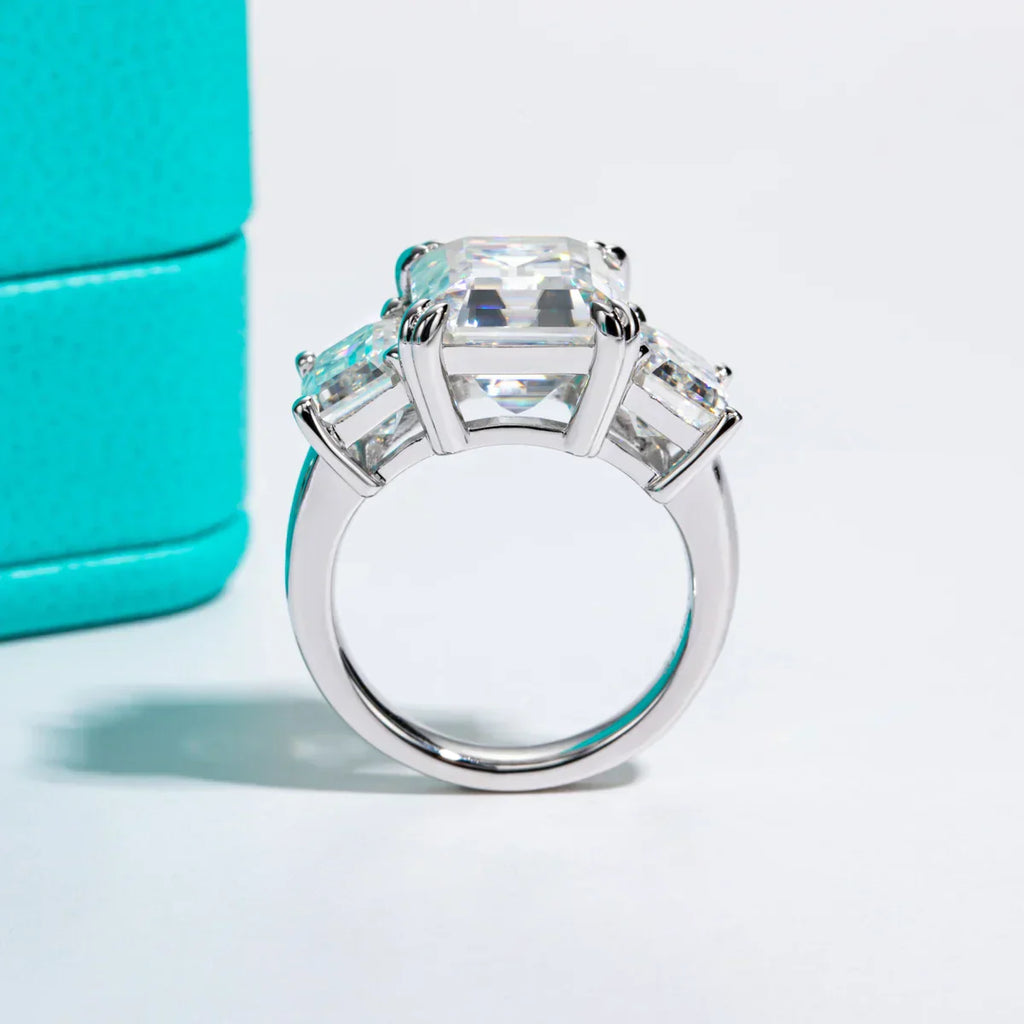 12 CTTW 3 Stone Emerald Cut Moissanite Engagement Ring