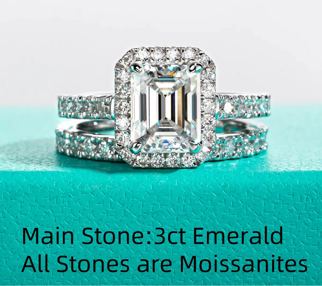 3CT Emerald Cut Moissanite Halo Bridal Ring Set