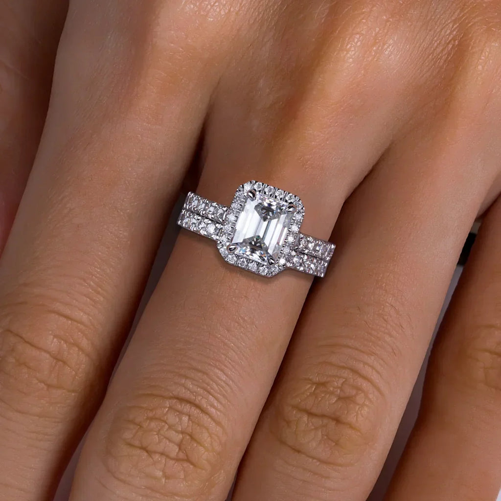 3CT Emerald Cut Moissanite Halo Bridal Ring Set