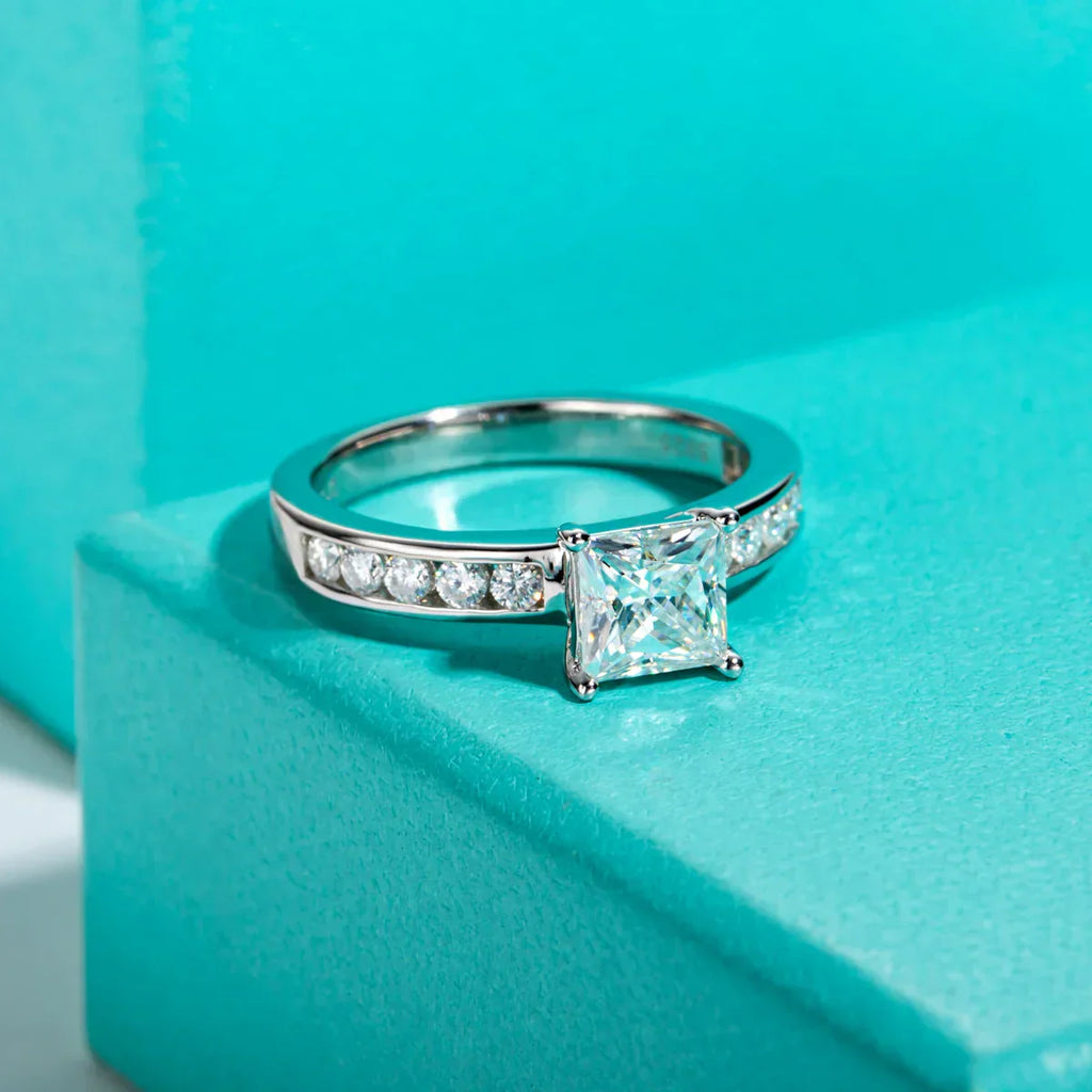 1.2 CT Princess & Round Cut Moissanite Engagement Ring Set