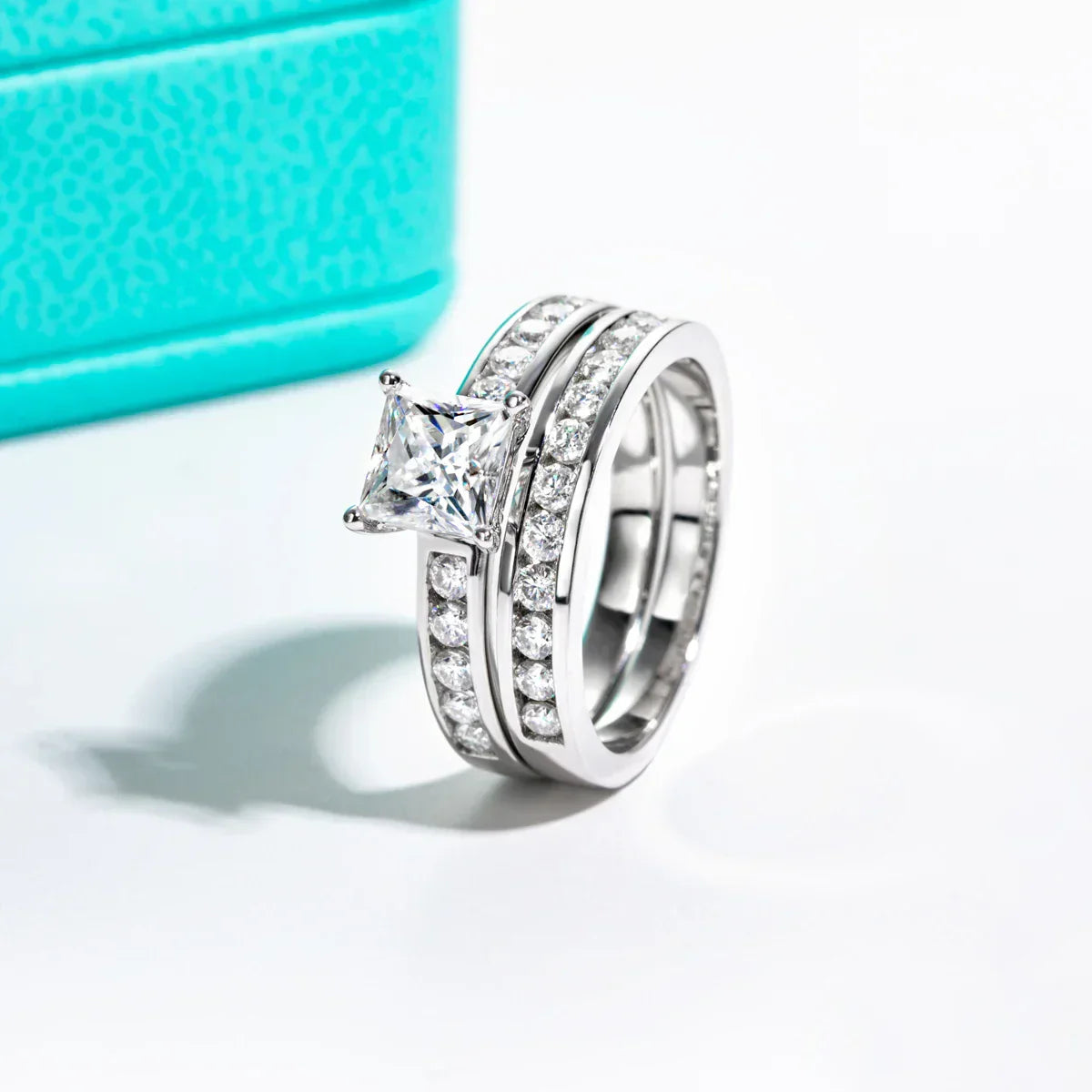 1.2 CT Princess & Round Cut Moissanite Engagement Ring Set