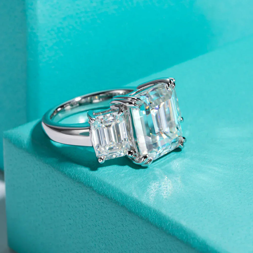 12 CTTW 3 Stone Emerald Cut Moissanite Engagement Ring