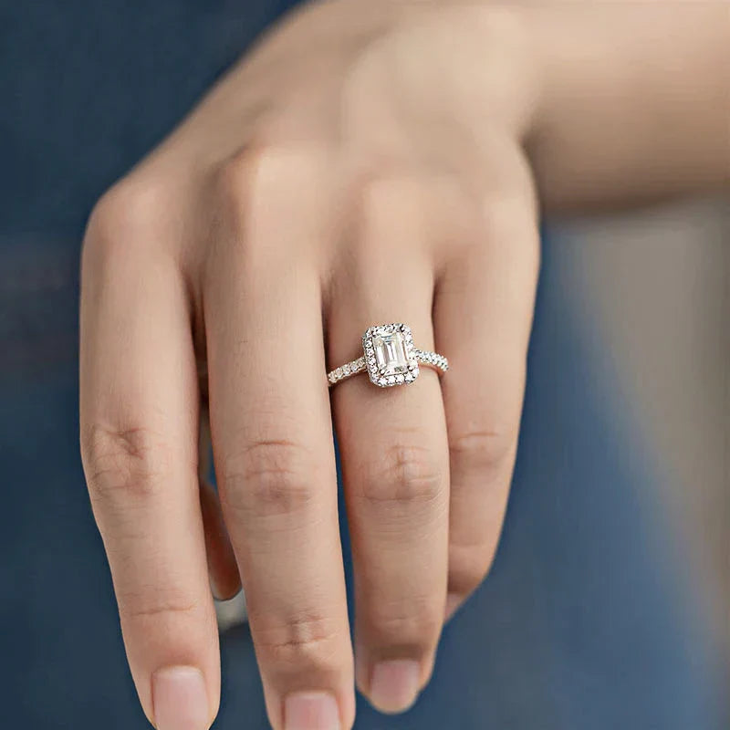1 Carat Emerald Cut Moissanite Halo Engagement Wedding Ring