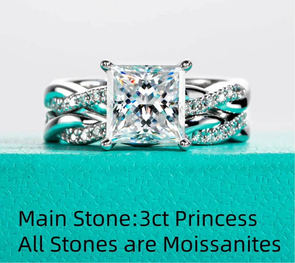 3CT Princess Cut Moissanite Engagement Bridal Ring Set