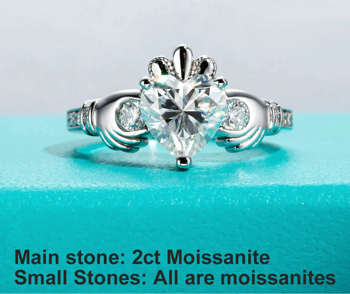 2 CT Heart Cut Moissanite Claddagh Irish Ring