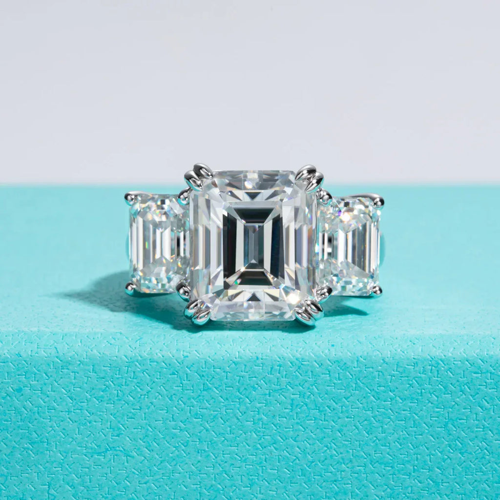 12 CTTW 3 Stone Emerald Cut Moissanite Engagement Ring