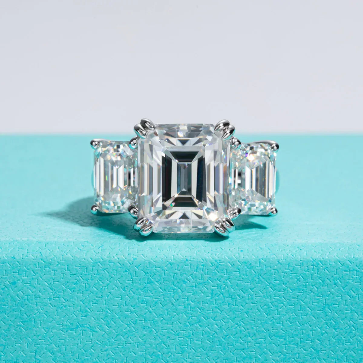 12 CTTW 3 Stone Emerald Cut Moissanite Engagement Ring
