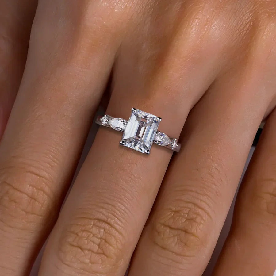 3CT Emerald Cut & 0.3CT Pear Cut Moissanite Engagement