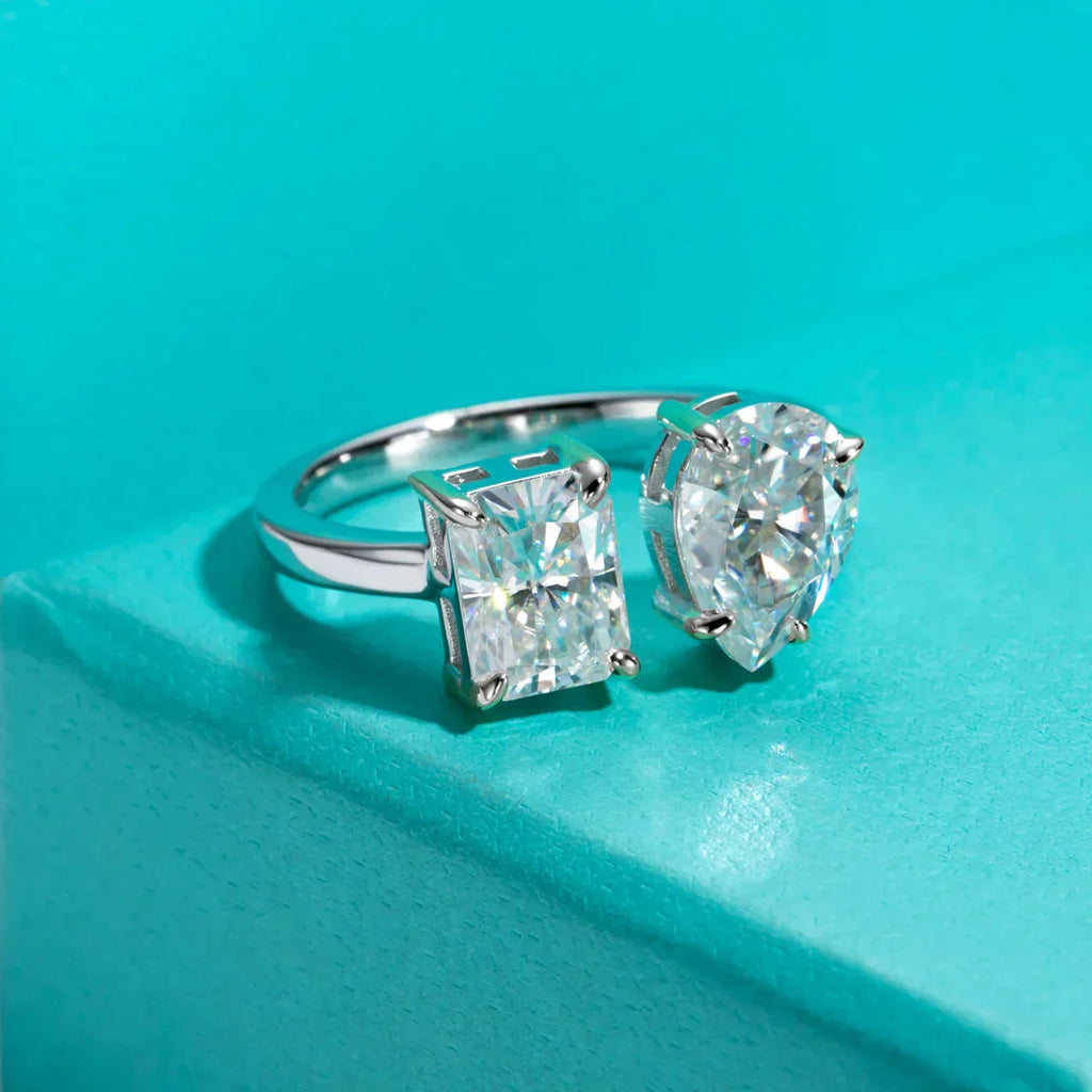 4.5 CTTW Radiant & Pear Cut Twins Moissanite Engagement Ring