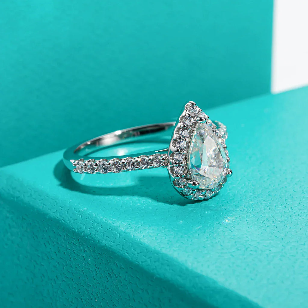 1CT Pear Cut Moissanite Halo Engagement Wedding Ring