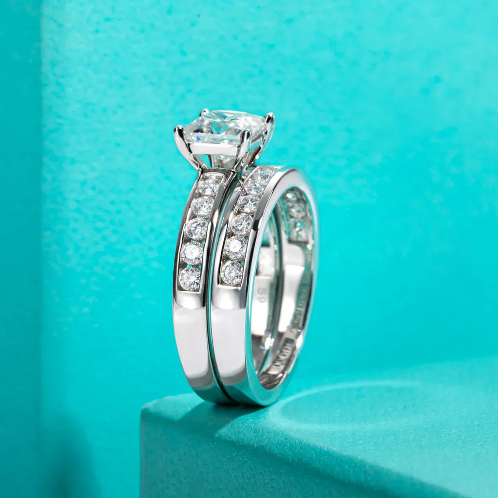 1.2 CT Princess & Round Cut Moissanite Engagement Ring Set