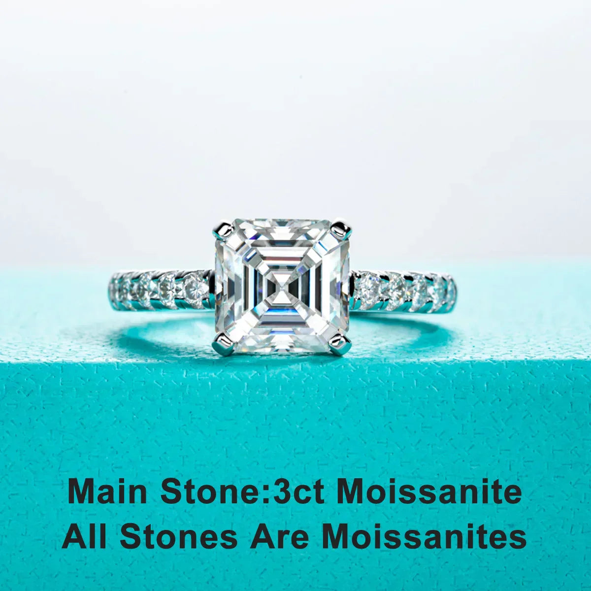 3CT Asscher Cut Moissanite Engagement Ring