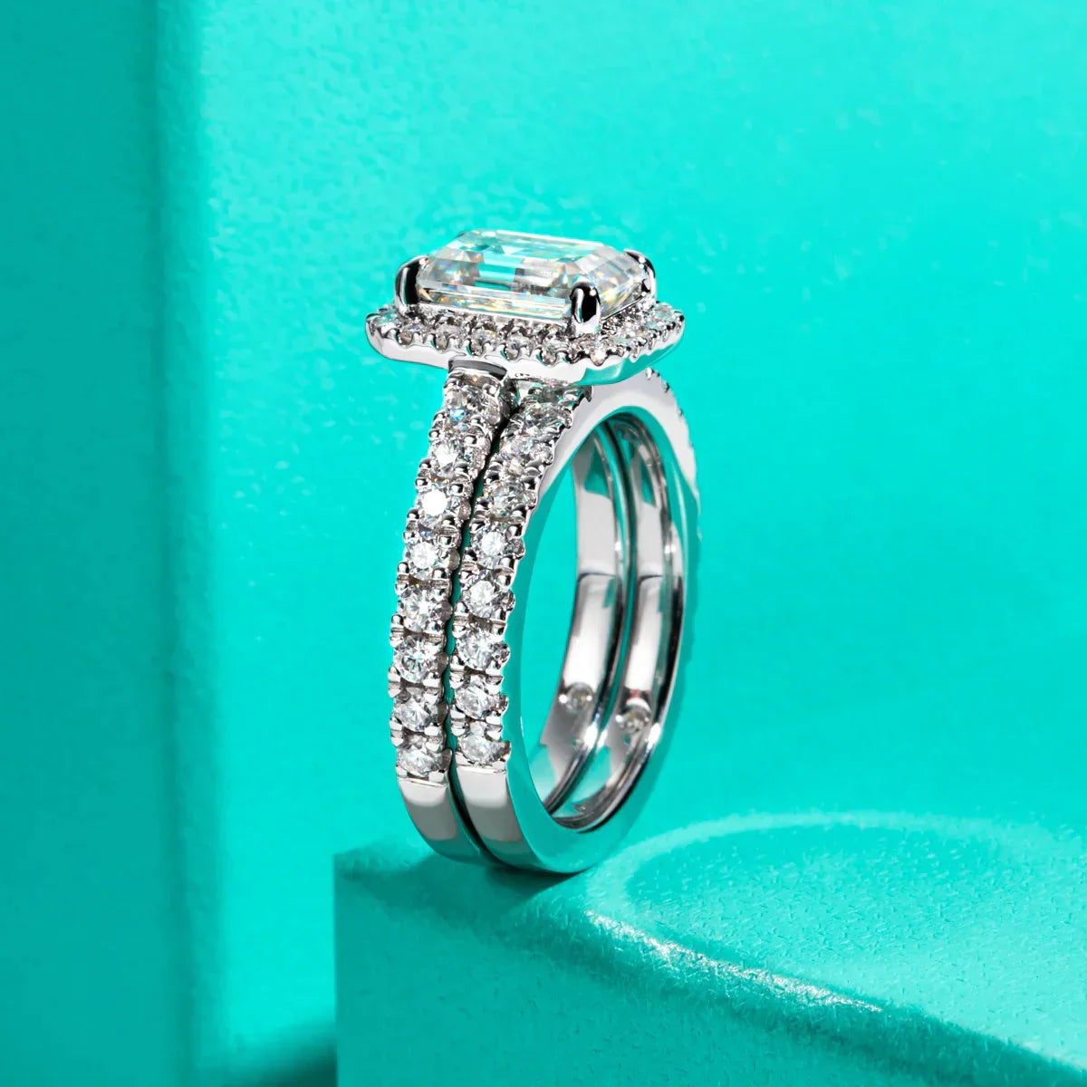 3CT Emerald Cut Moissanite Halo Bridal Ring Set
