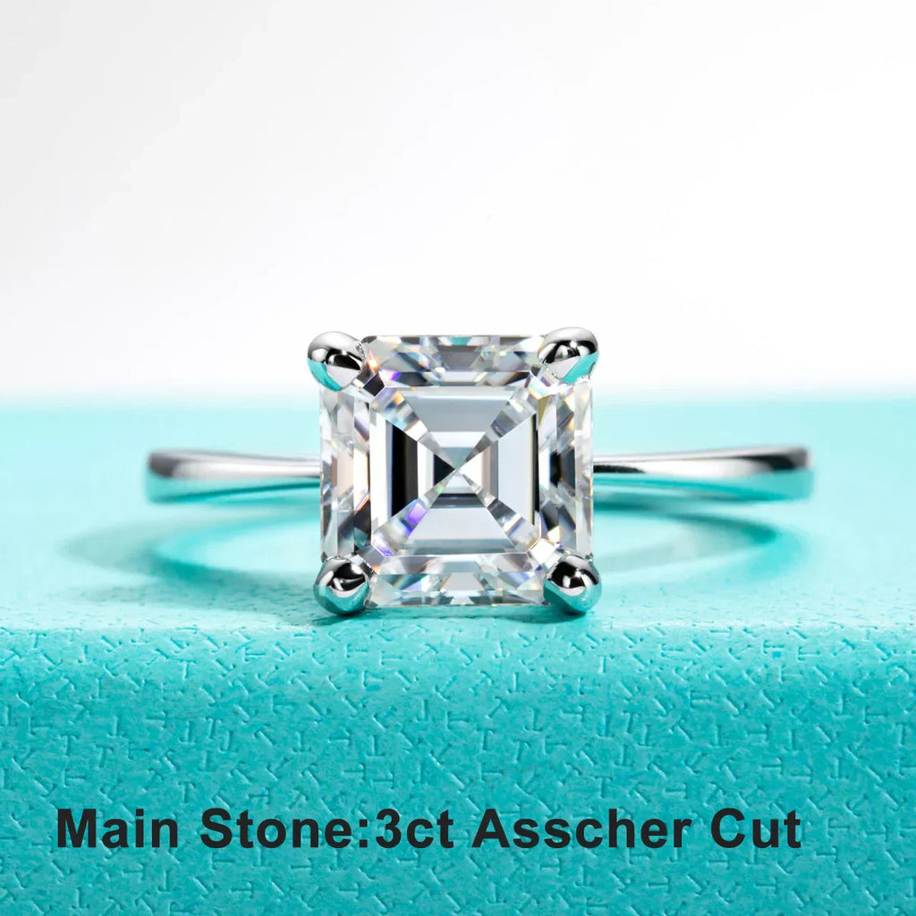 3CT D Color Asscher Cut Moissanite Engagement Ring