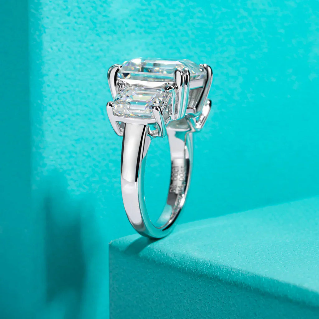 12 CTTW 3 Stone Emerald Cut Moissanite Engagement Ring