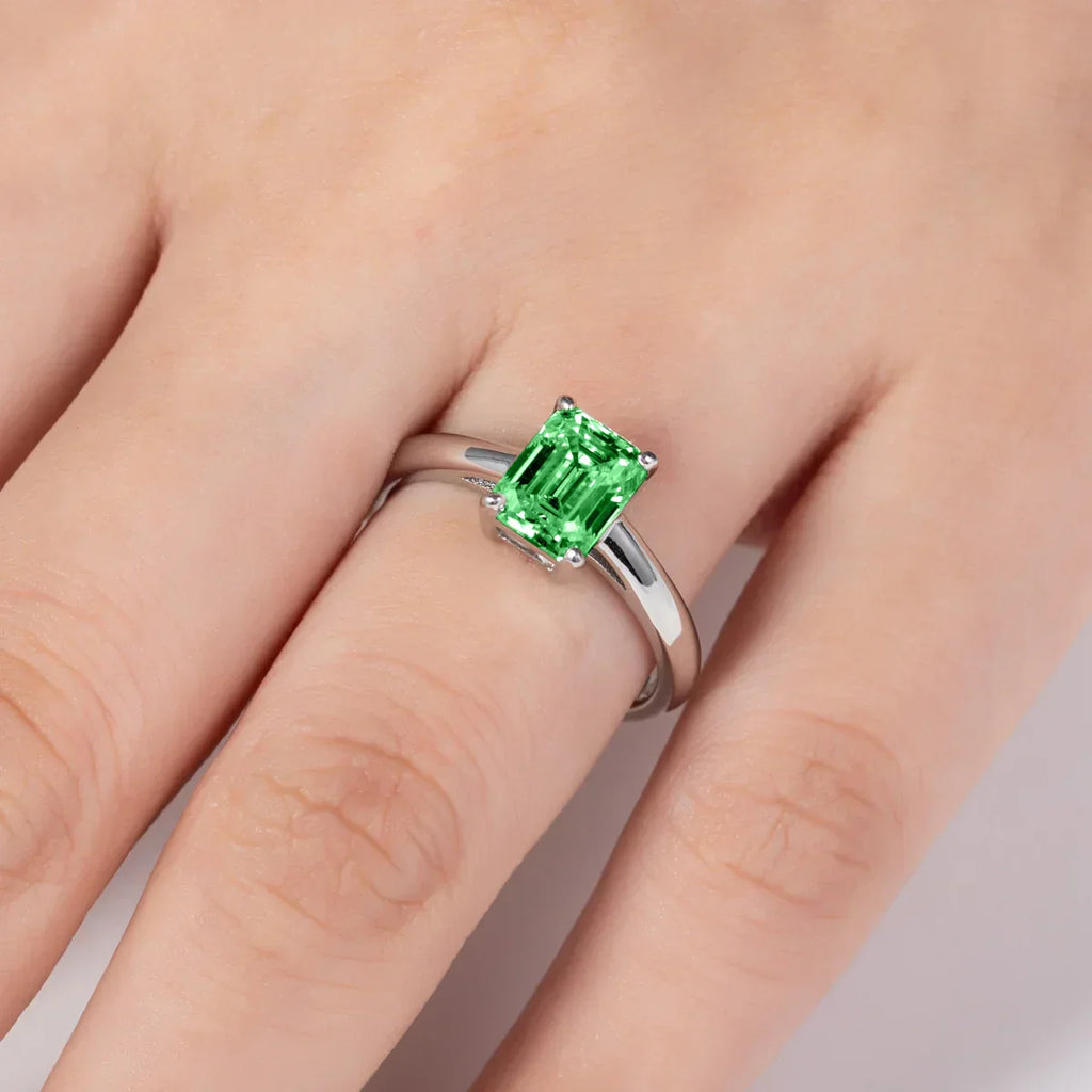 2CT Emerald Cut Colombian Cultivated Emerald Engagement Ring