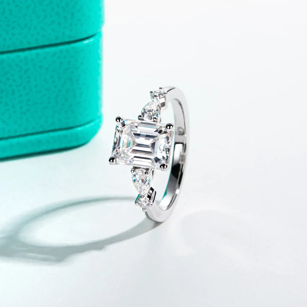3CT Emerald Cut & 0.3CT Pear Cut Moissanite Engagement