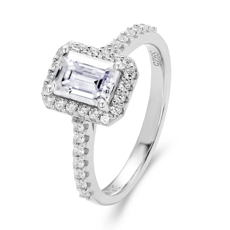 1 Carat Emerald Cut Moissanite Halo Engagement Wedding Ring