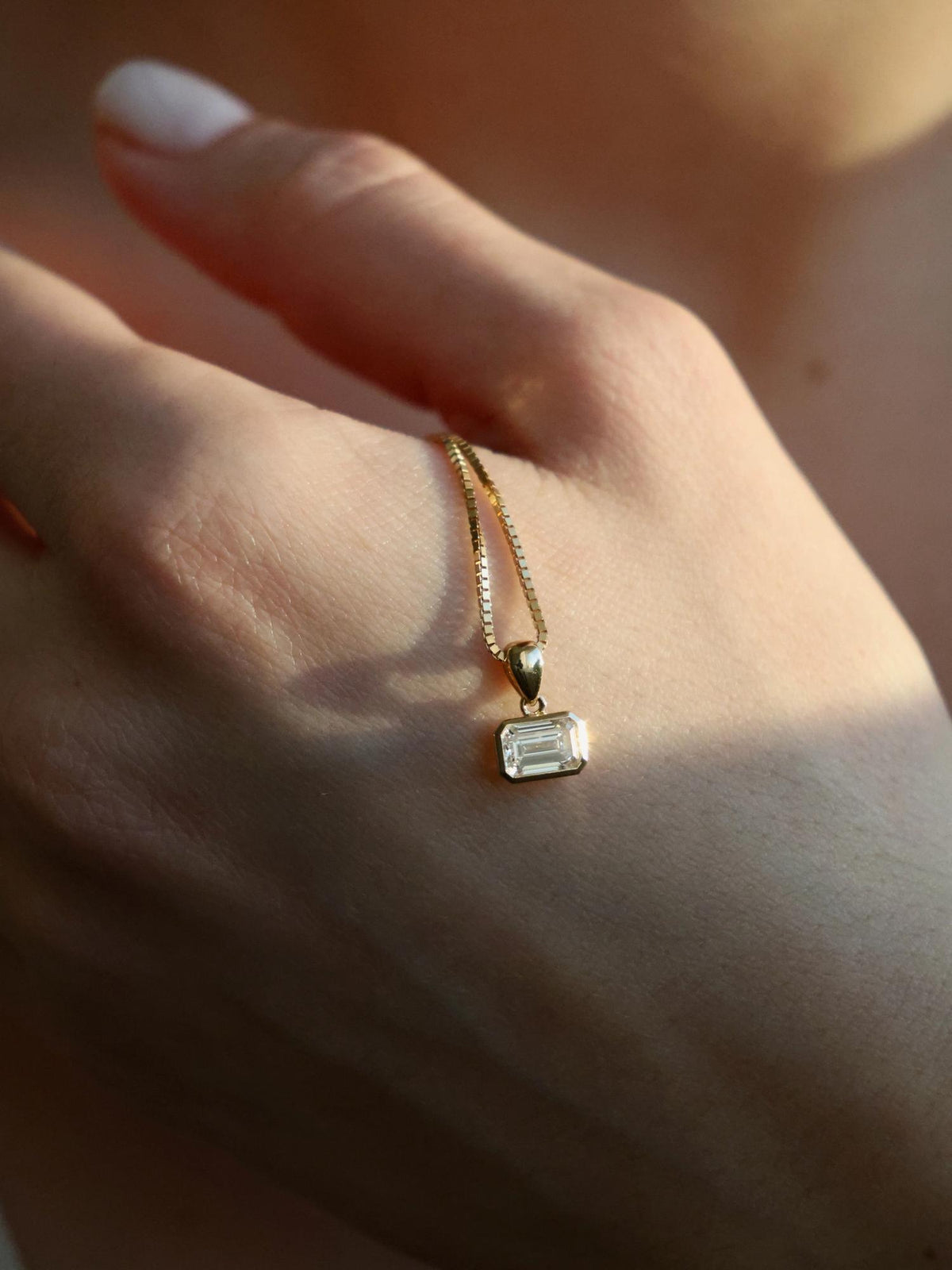 Horizontal Emerald Diamond Necklace | East-West Bezel Set Pendant Necklace