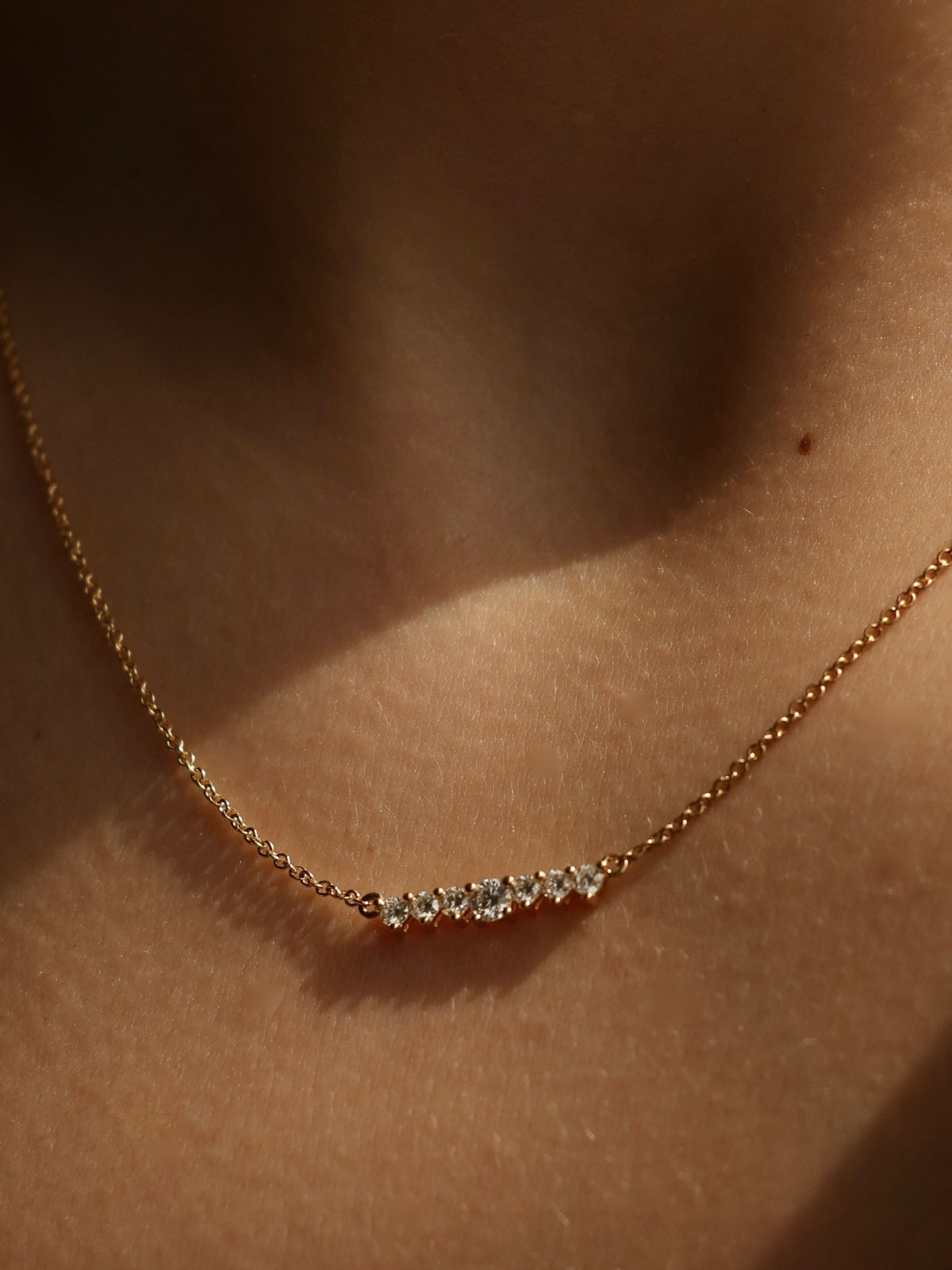 Round Diamond Bar Necklace | | Curved Diamond Smile Pendent | Wedding Jewelry