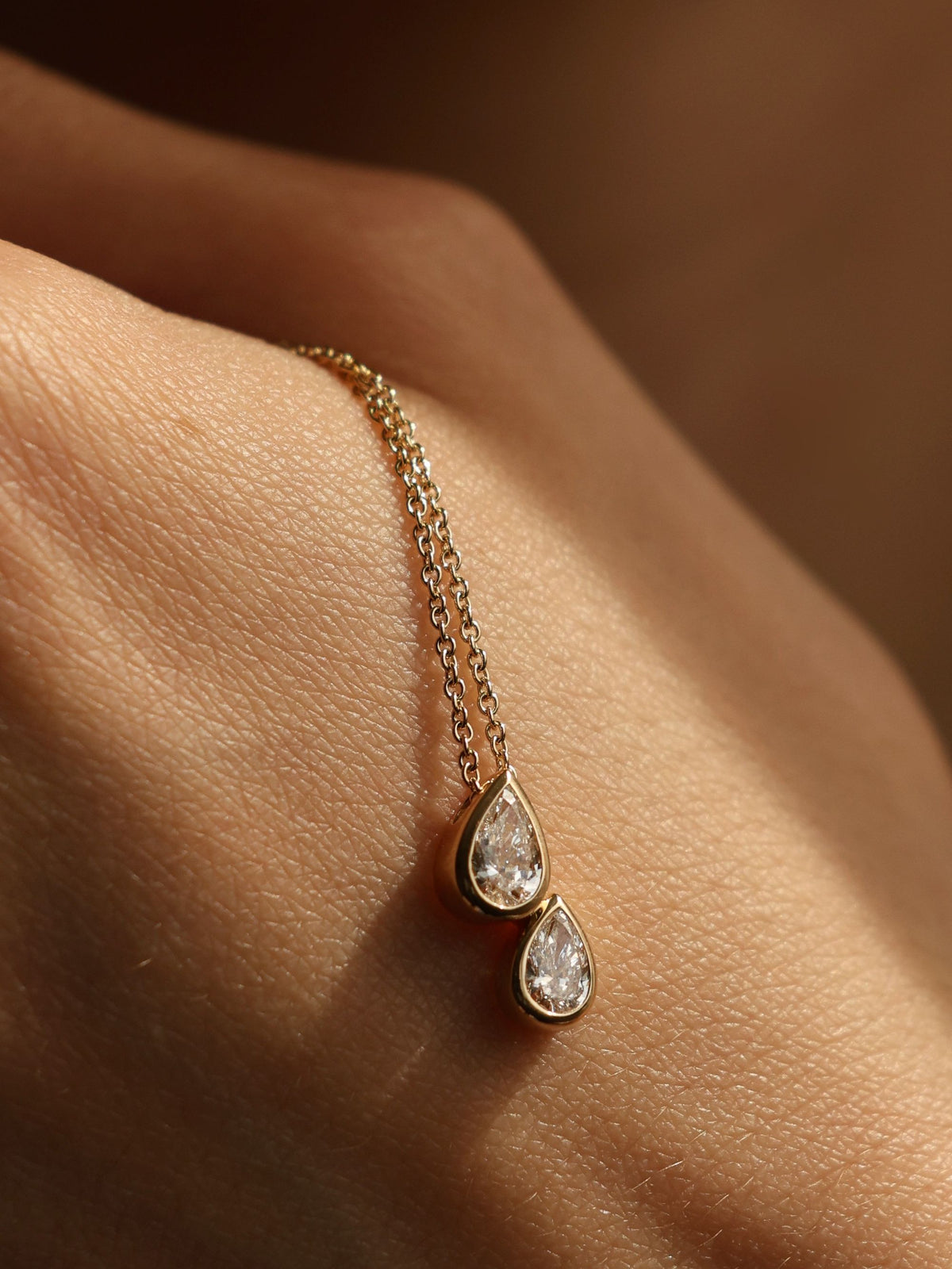 Two-Stone Pear Drop Diamond Necklace | 18K Bezel pendent Necklace | Anniversary Gift