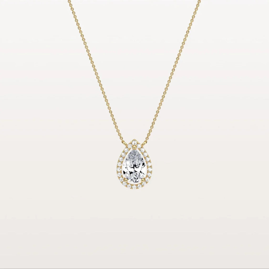 Pear Diamond Solitaire Pendant Necklace | Classic Halo Solid Gold | Gift For Her