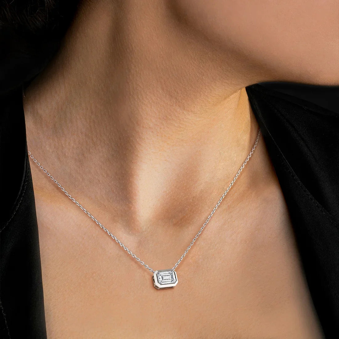 Horizontal Bezel Set Emerald Cut Diamond Solitaire Station Pendant Necklace | Gift For Her